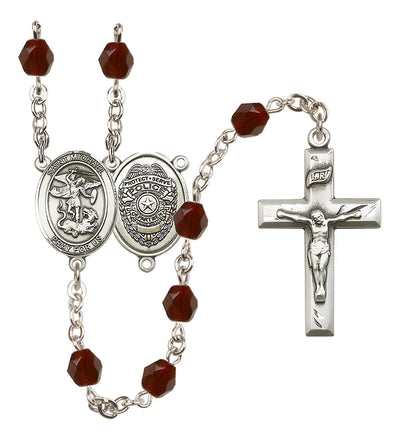 Pewter St. Michael Police Office centerpiece and small traditional crucifix with 6mm Fire Polished Crystal Birthstone Rosary in Garnet, Bliss Manufacturing