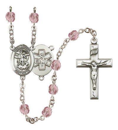 Pewter St. Michael EMT centerpiece and small traditional crucifix with 6mm Fire Polished Crystal Birthstone Rosary in Light Amethyst, Bliss Manufacturing