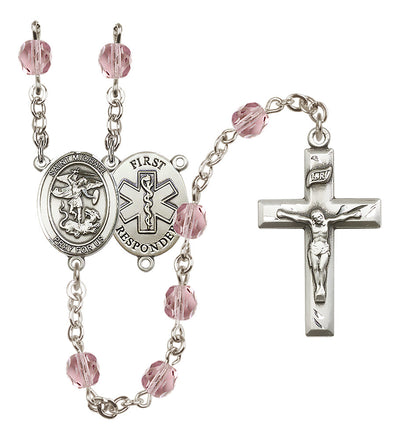 1st Responder St Michael Emerald Birthstone Crystal Rosary in Light Amethyst, Bliss Manufacturing