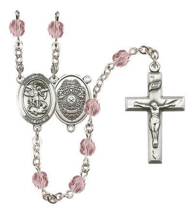 Pewter St. Michael Police Office centerpiece and small traditional crucifix with 6mm Fire Polished Crystal Birthstone Rosary in Light Amethyst, Bliss Manufacturing