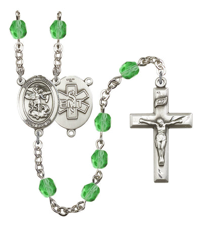 Pewter St. Michael EMT centerpiece and small traditional crucifix with 6mm Fire Polished Crystal Birthstone Rosary in Peridot, Bliss Manufacturing