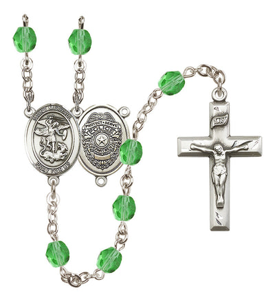 Pewter St. Michael Police Office centerpiece and small traditional crucifix with 6mm Fire Polished Crystal Birthstone Rosary in Peridot, Bliss Manufacturing