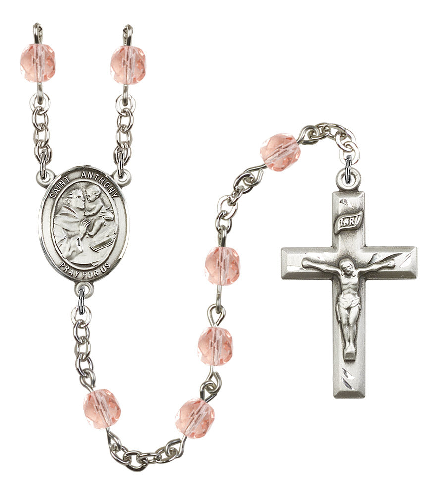 Bliss St Anthony of Padua Fire Polished Crystal Birthstone Rosary in Rose,