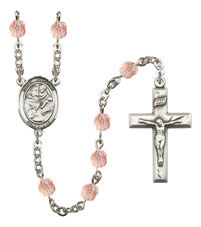 Pewter St. Anthony of Padua centerpiece and small traditional crucifix with 6mm Fire Polished Crystal Birthstone Rosary in Rose, Bliss Manufacturing