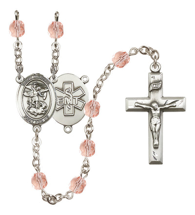 Pewter St. Michael EMT centerpiece and small traditional crucifix with 6mm Fire Polished Crystal Birthstone Rosary in Rose, Bliss Manufacturing
