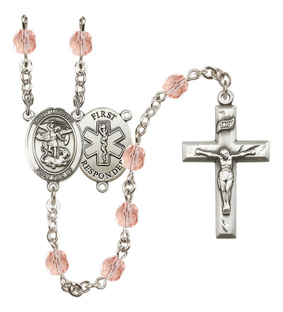 1st Responder St Michael Peridot Birthstone Crystal Rosary in Rose, Bliss Manufacturing