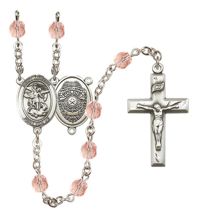 Pewter St. Michael Police Office centerpiece and small traditional crucifix with 6mm Fire Polished Crystal Birthstone Rosary in Rose, Bliss Manufacturing