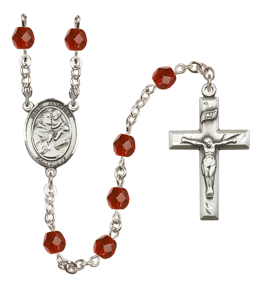 Bliss St Anthony of Padua Fire Polished Crystal Birthstone Rosary in Ruby,