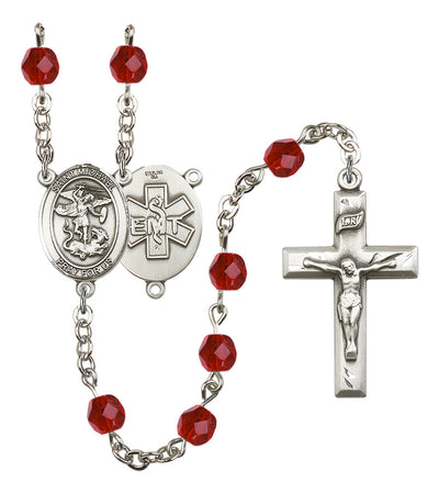 Pewter St. Michael EMT centerpiece and small traditional crucifix with 6mm Fire Polished Crystal Birthstone Rosary in Ruby, Bliss Manufacturing