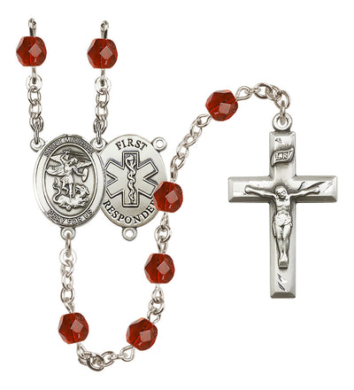 1st Responder St Michael Lt Amethyst Birthstone Crystal Rosary in Ruby, Bliss Manufacturing