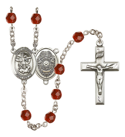 Pewter St. Michael Police Office centerpiece and small traditional crucifix with 6mm Fire Polished Crystal Birthstone Rosary in Ruby, Bliss Manufacturing