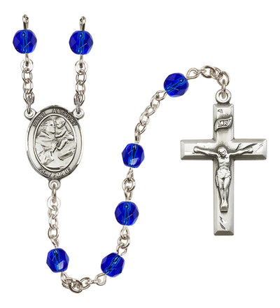 Pewter St. Anthony of Padua centerpiece and small traditional crucifix with 6mm Fire Polished Crystal Birthstone Rosary in Sapphire, Bliss Manufacturing