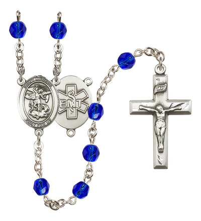 Pewter St. Michael EMT centerpiece and small traditional crucifix with 6mm Fire Polished Crystal Birthstone Rosary in Sapphire, Bliss Manufacturing