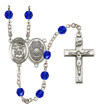 Pewter St. Michael Police Office centerpiece and small traditional crucifix with 6mm Fire Polished Crystal Birthstone Rosary in Sapphire, Bliss Manufacturing