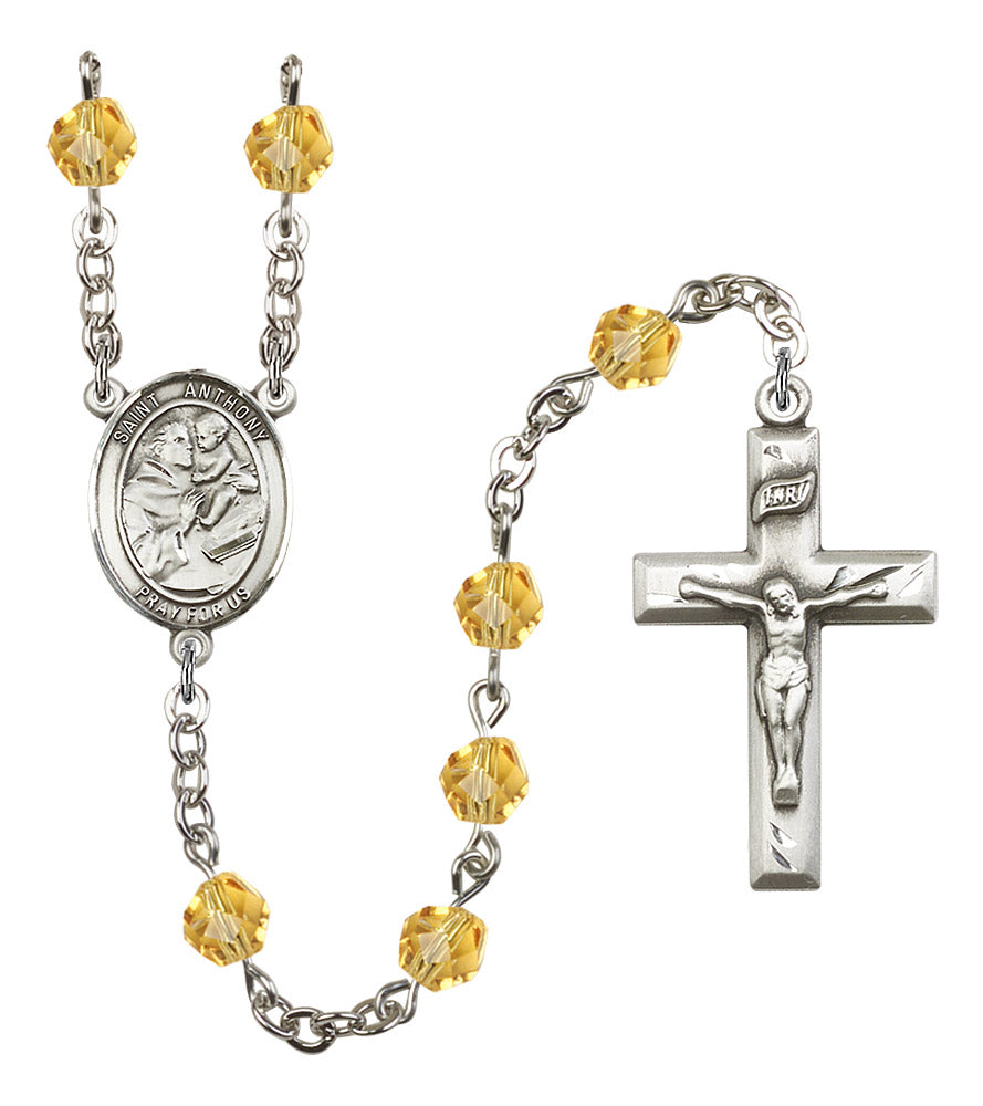 Bliss St Anthony of Padua Fire Polished Crystal Birthstone Rosary in Topaz,