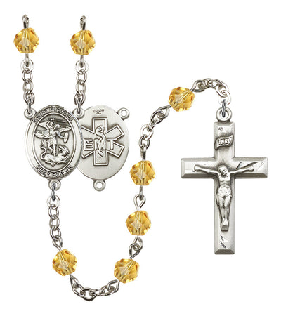 Pewter St. Michael EMT centerpiece and small traditional crucifix with 6mm Fire Polished Crystal Birthstone Rosary in Topaz, Bliss Manufacturing
