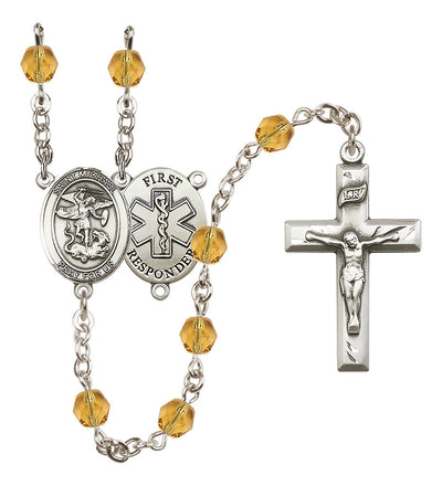1st Responder St Michael Pink Birthstone Crystal Rosary in Topaz, Bliss Manufacturing