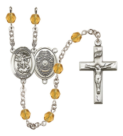 Pewter St. Michael Police Office centerpiece and small traditional crucifix with 6mm Fire Polished Crystal Birthstone Rosary in Topaz, Bliss Manufacturing
