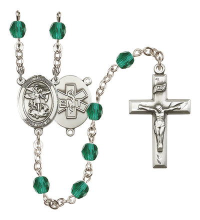 Pewter St. Michael EMT centerpiece and small traditional crucifix with 6mm Fire Polished Crystal Birthstone Rosary in Zircon, Bliss Manufacturing