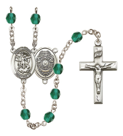 Pewter St. Michael Police Office centerpiece and small traditional crucifix with 6mm Fire Polished Crystal Birthstone Rosary in Zircon, Bliss Manufacturing