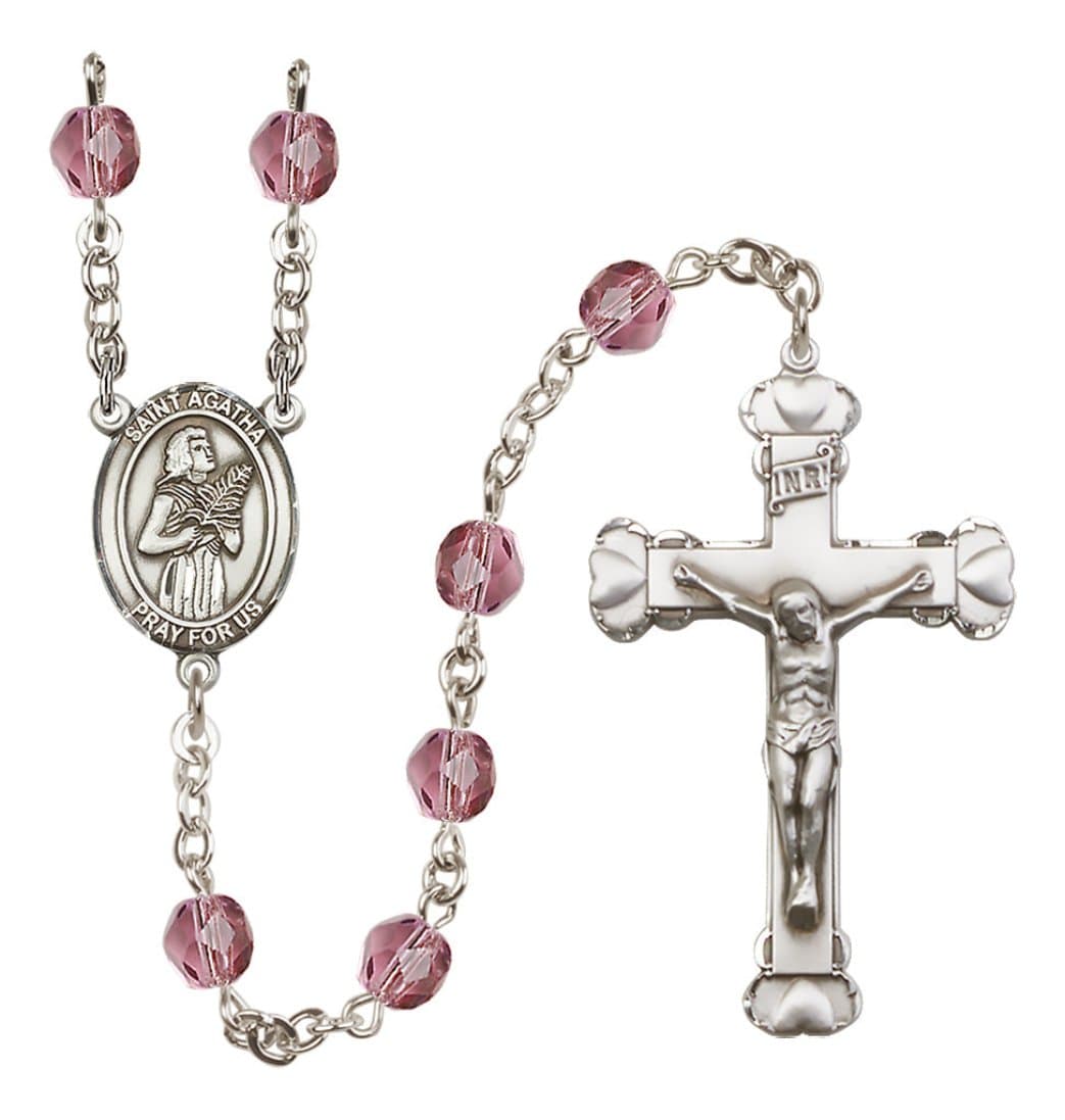 Bliss Silver-Plated Amethyst Crystal Saint Agatha Birthstone Heart Rosary,