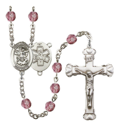 Pewter St. Michael EMT centerpiece and heart tip crucifix with 6mm Fire Polished Crystal Birthstone Rosary in Aqua in Amethyst, Bliss Manufacturing