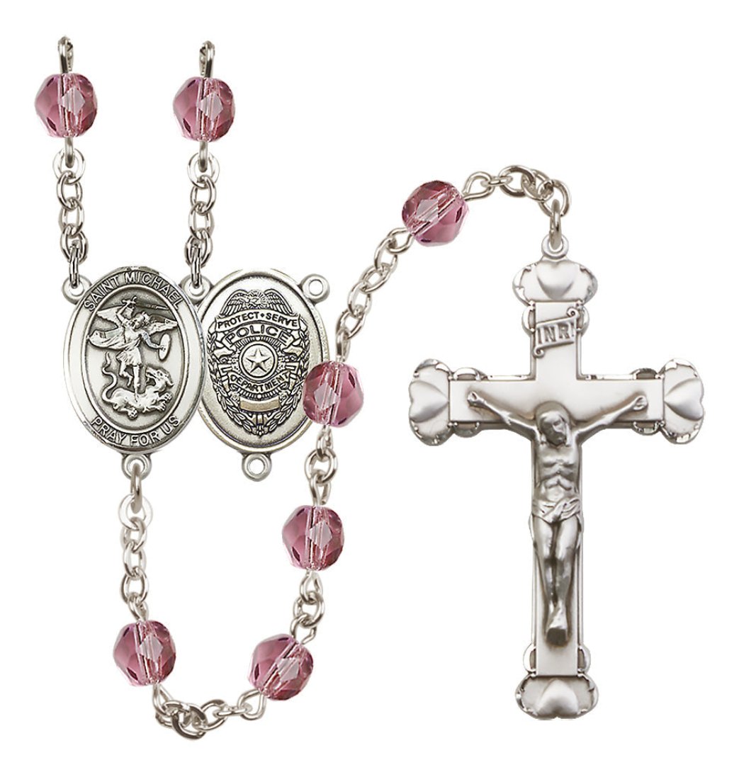 Bliss Silver-Plated Amethyst Crystal Saint Michael Police Birthstone Heart Rosary,