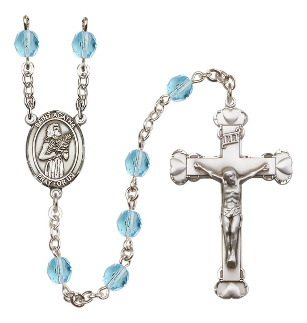 Bliss Silver-Plated Aqua Crystal Saint Agatha Birthstone Heart Rosary,