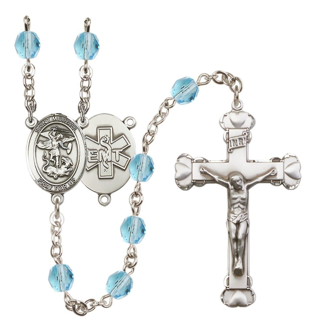 Bliss Silver-Plated Aqua Crystal Saint Michael EMT Birthstone Heart Rosary,