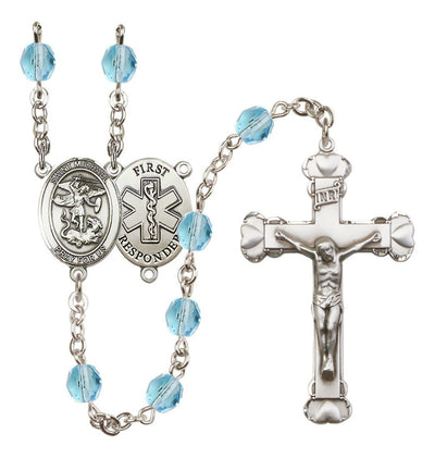 1st Responder Aqua Birthstone Fire Polished Bead Heart Tip Rosary, Bliss Manufacturing