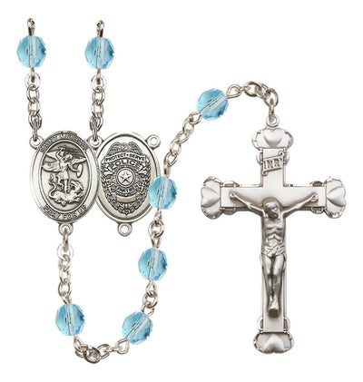 Pewter St. Michael Police Office centerpiece and heart tip crucifix with 6mm Fire Polished Crystal Birthstone Rosary in Crystal in Aqua, Bliss Manufacturing