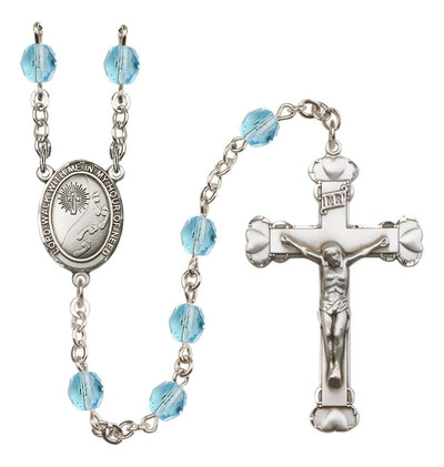 Silver-Plated Aqua Crystal Footprints In The Sand Birthstone Heart Rosary, Bliss Manufacturing