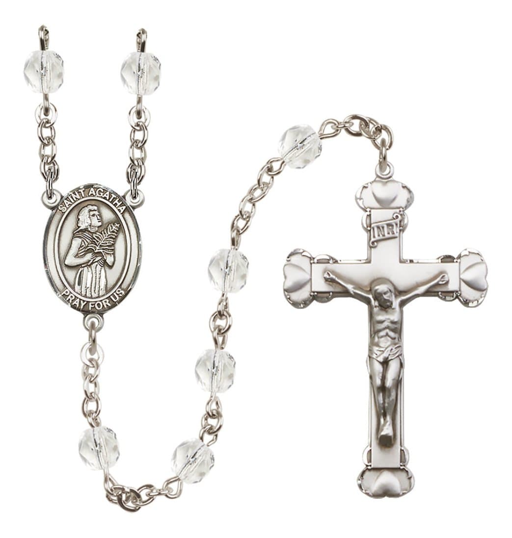 Bliss Silver-Plated Crystal Saint Agatha Birthstone Heart Rosary,