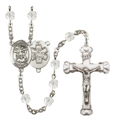 Pewter St. Michael EMT centerpiece and heart tip crucifix with 6mm Fire Polished Crystal Birthstone Rosary in Emerald, Bliss Manufacturing