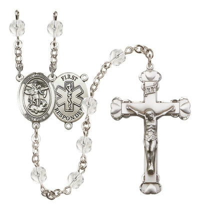 1st Responder Birthstone Fire Polished Bead Heart Tip Rosary in Crystal, Bliss Manufacturing