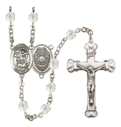 Pewter St. Michael Police Office centerpiece and heart tip crucifix with 6mm Fire Polished Crystal Birthstone Rosary in Emerald, Bliss Manufacturing