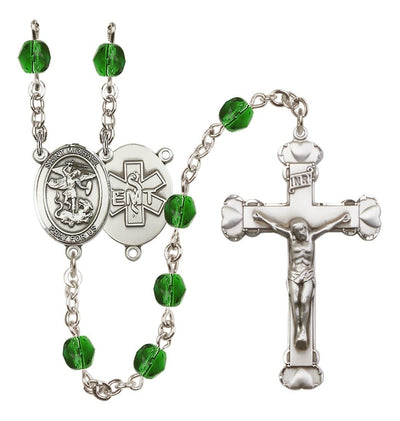 Pewter St. Michael EMT centerpiece and heart tip crucifix with 6mm Fire Polished Crystal Birthstone Rosary in Light Amethyst in Emerald, Bliss Manufacturing