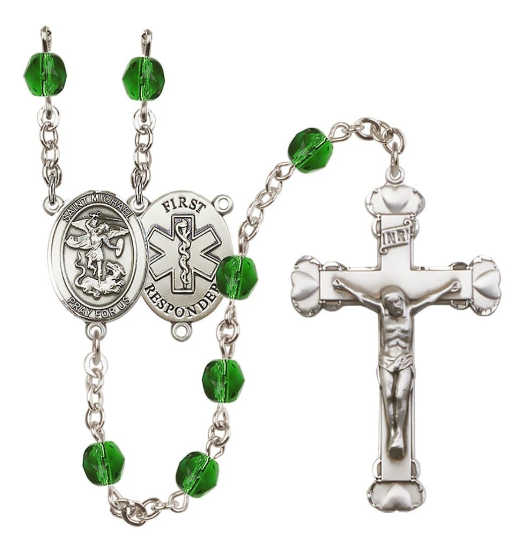 Bliss Manufacturing 1st Responder Emerald Birthstone Crystal Heart Tip Rosary