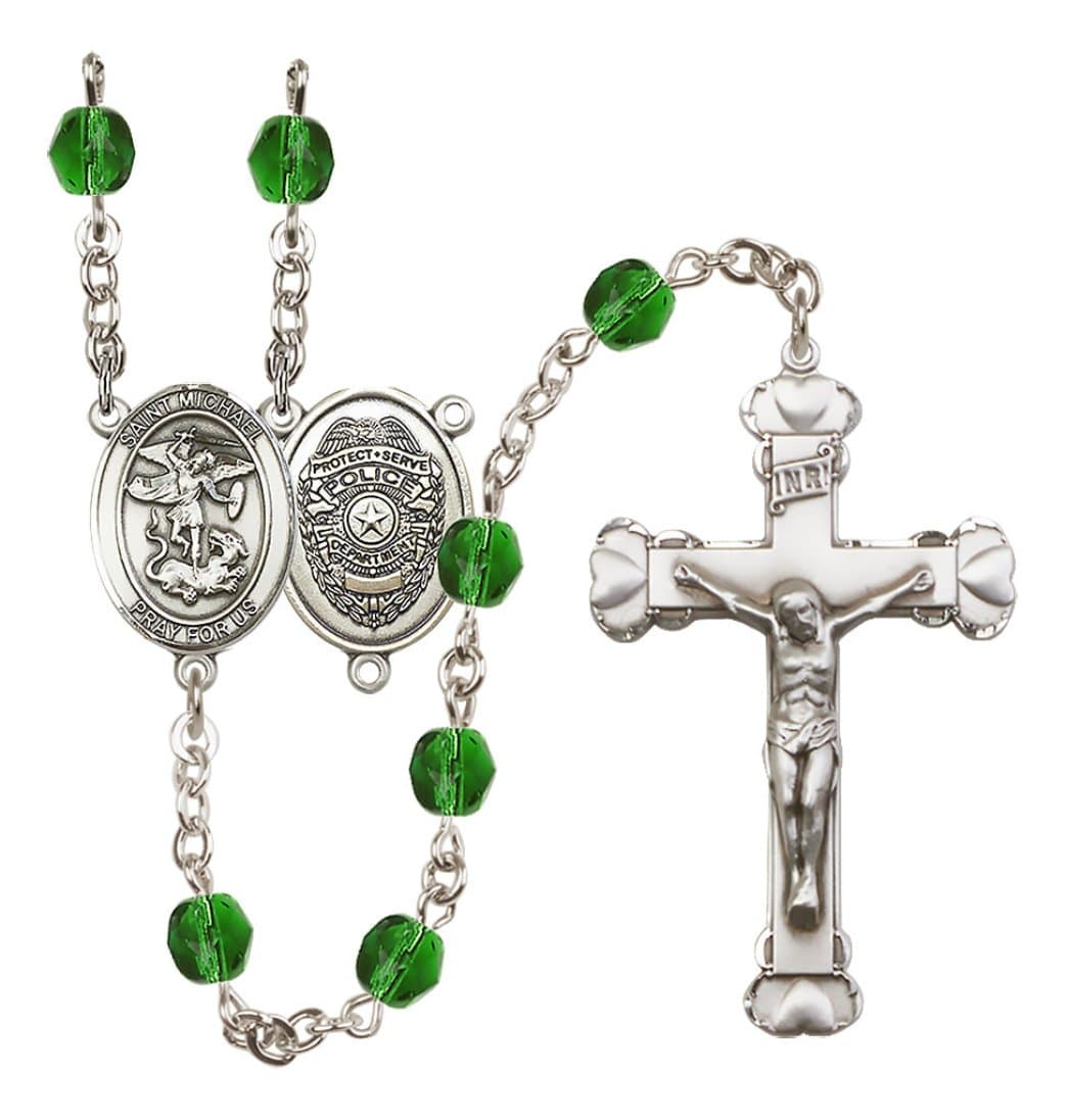 Bliss Silver-Plated Emerald Crystal Saint Michael Police Birthstone Heart Rosary,