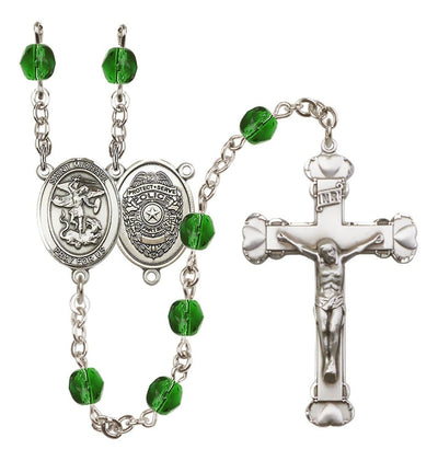 Pewter St. Michael Police Office centerpiece and heart tip crucifix with 6mm Fire Polished Crystal Birthstone Rosary in Light Amethyst in Emerald, Bliss Manufacturing