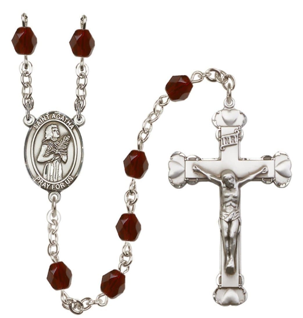 Bliss Silver-Plated Garnet Crystal Saint Agatha Birthstone Heart Rosary,