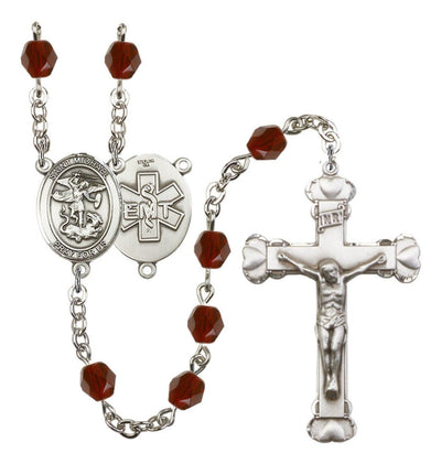 Pewter St. Michael EMT centerpiece and heart tip crucifix with 6mm Fire Polished Crystal Birthstone Rosary in Amethyst in Garnet, Bliss Manufacturing
