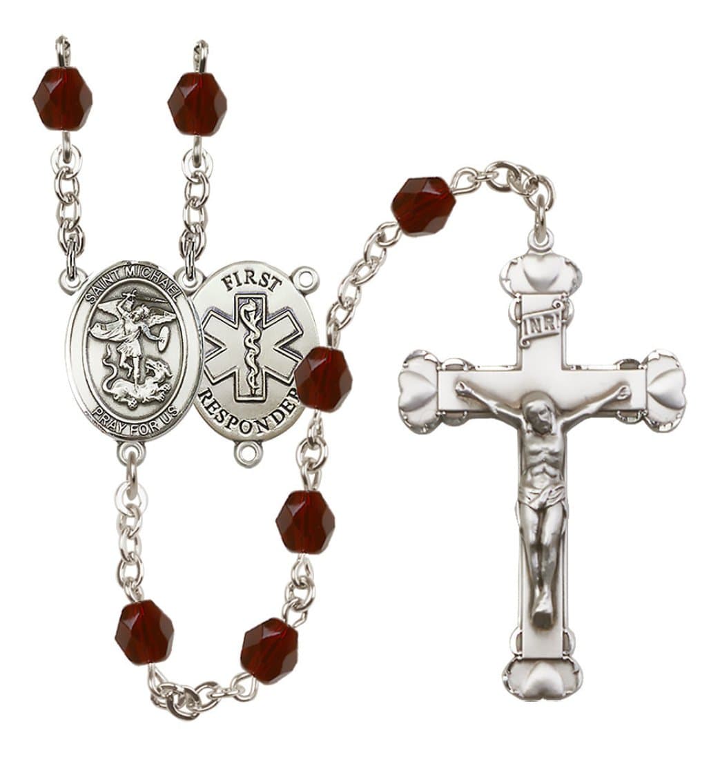 Bliss Manufacturing 1st Responder Garnet Birthstone Crystal Heart Tip Rosary