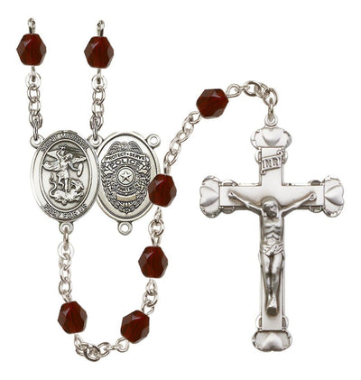 Pewter St. Michael Police Office centerpiece and heart tip crucifix with 6mm Fire Polished Crystal Birthstone Rosary in Amethyst in Garnet, Bliss Manufacturing