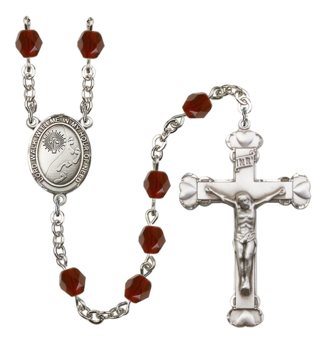 Bliss Silver-Plated Garnet Crystal Footprints in the Sand Birthstone Heart Rosary,