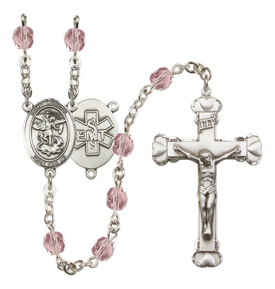 Pewter St. Michael EMT centerpiece and heart tip crucifix with 6mm Fire Polished Crystal Birthstone Rosary in Ruby in Light Amethyst, Bliss Manufacturing