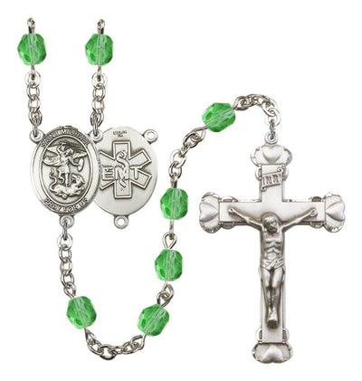 Pewter St. Michael EMT centerpiece and heart tip crucifix with 6mm Fire Polished Crystal Birthstone Rosary in Sapphire in Peridot, Bliss Manufacturing