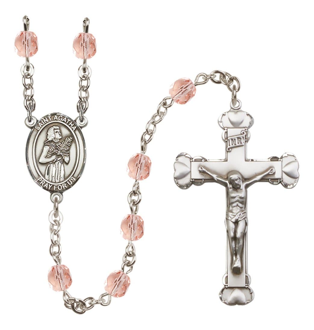 Bliss Silver-Plated Pink Crystal Saint Agatha Birthstone Heart Rosary,