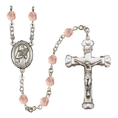 Silver-Plated Pink Crystal Saint Agatha Birthstone Heart Rosary, Bliss Manufacturing