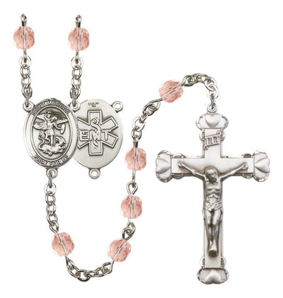 Pewter St. Michael EMT centerpiece and heart tip crucifix with 6mm Fire Polished Crystal Birthstone Rosary in Rose, Bliss Manufacturing